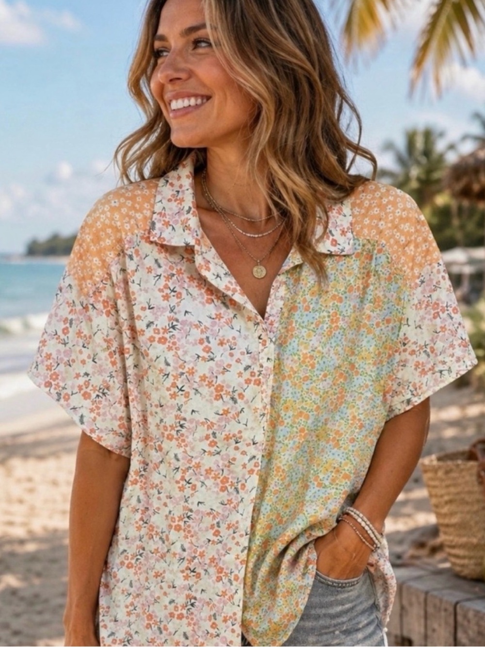 American Eagle Outfitters Peach Multi-Print Short Sleeve Button-Up